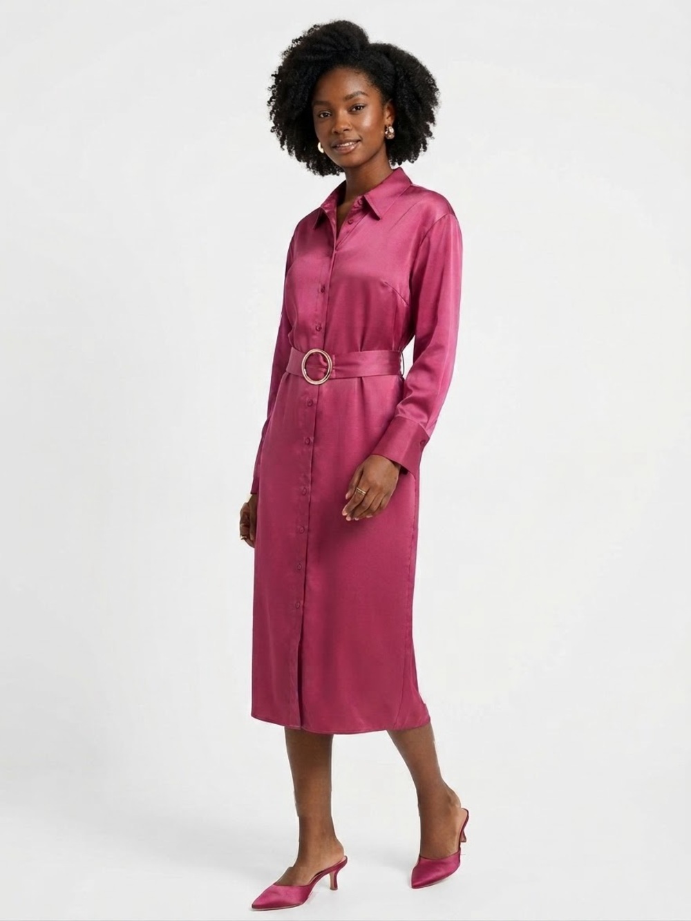Eloquii Magenta Pink Satin Belted Long Sleeve Midi Shirt Dress Sz 18 Barbiecore